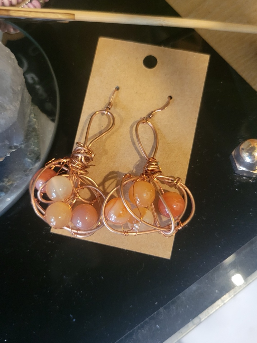 Handcrafted Copper Wire Drop Earrings with Orange Agate Beads